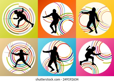 Fencing sport silhouette vector background set concept