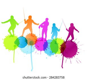 Fencing sport silhouette vector background concept with color splashes