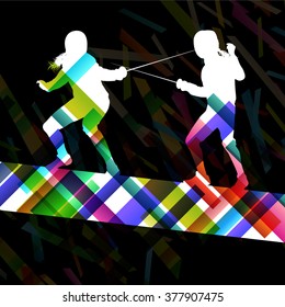 Fencing sport young and active men and women silhouettes in abstract background illustration vector