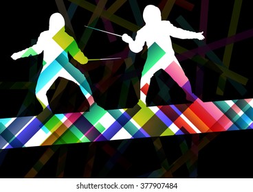 Fencing sport young and active men and women silhouettes in abstract background illustration vector
