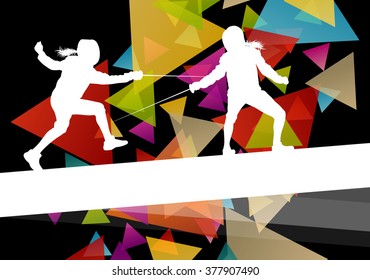 Fencing sport young and active men and women silhouettes in abstract background illustration vector