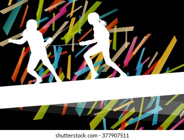 Fencing sport young and active men and women silhouettes in abstract background illustration vector