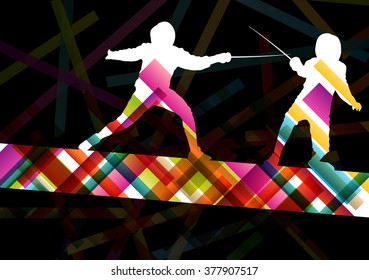 Fencing sport young and active men and women silhouettes in abstract background illustration vector
