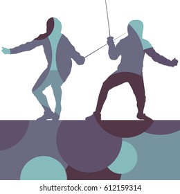 Fencing sport young and active men silhouettes in abstract background illustration vector