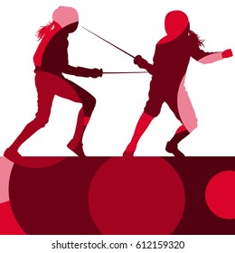 Fencing sport young and active women silhouettes in abstract background illustration vector