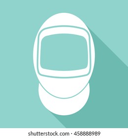 Fencing swords helm vector icon with long shadow. White illustration isolated on green background for graphic and web design.