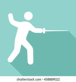 Fencing swords vector icon with long shadow. White illustration isolated on green background for graphic and web design.