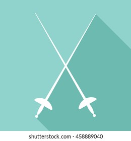 Fencing swords vector icon with long shadow. White illustration isolated on green background for graphic and web design.