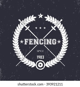 Fencing vintage emblem, badge, logo with crossed fencing foils, vector illustration