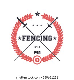 Fencing vintage emblem, logo, badge with crossed foils, over white, vector illustration