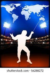 Fencing with World Map on Stadium Background Original Illustration