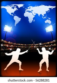 Esgrima en el Mapa Mundial sobre el fondo del estadio Ilustración original