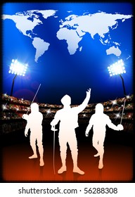 Fencing with World Map on Stadium Background Original Illustration