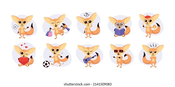 Fenech fox animal. Wild mammal cute smile playing and jumping in various action poses forest dweller exact vector cartoon funny mascot