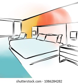 Feng Shui Bedroom Concept Design Sketch, Hand-drawn Vector Illustration