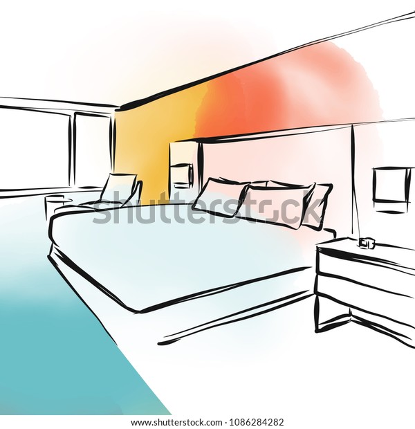 Feng Shui Bedroom Concept Design Sketch Stock Vector