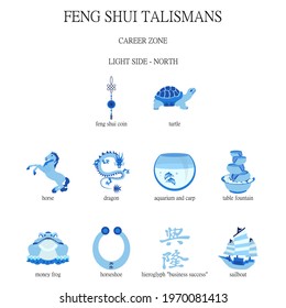 Feng Shui. Career zone mascots. Amulets to strengthen the northern sector of the apartment. A set of Feng Shui symbols.