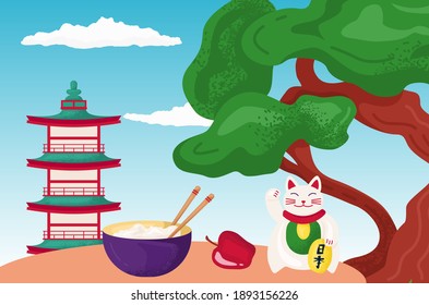 Feng shui cat waving paw, chinese building tower with rice bowl, asian urban landscape, cozy home area flat vector illustration, isolated on white. Concept oriental space, eastern green tree.