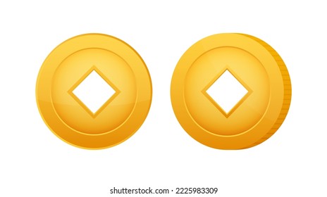 Feng shui chinese coin. China gold money. Vector stock illustration.