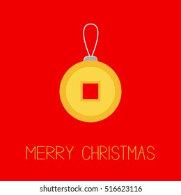 Feng shui Chinese coin with hole. China gold money. Merry Christmas ball. Flat design. Red background Greeting card. Vector illustration