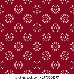 Feng shui coin. Ornament from a gold coin on a red background. Seamless scalable pattern.