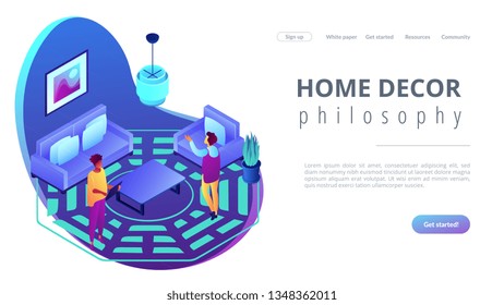 Feng Shui Consultant Rearranges Space For Positive Energy Flow, Tiny People. Feng Shui Interior, Feng Shui Designer, Home Decor Philosophy Concept. Isometric 3D Website App Landing Web Page Template