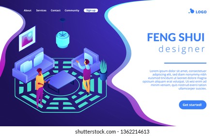 Feng shui consultant rearranges space for positive energy flow, tiny people. Feng shui interior, feng shui designer, home decor philosophy concept. Isometric 3D website app landing web page template