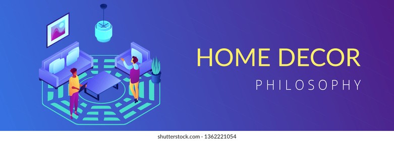 Feng Shui Consultant Rearranges Space For Positive Energy Flow, Tiny People. Feng Shui Interior, Feng Shui Designer, Home Decor Philosophy Concept. Isometric 3D Banner Header Template Copy Space.