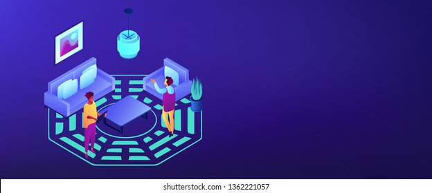 Feng Shui Consultant Rearranges Space For Positive Energy Flow, Tiny People. Feng Shui Interior, Feng Shui Designer, Home Decor Philosophy Concept. Isometric 3D Banner Header Template Copy Space.