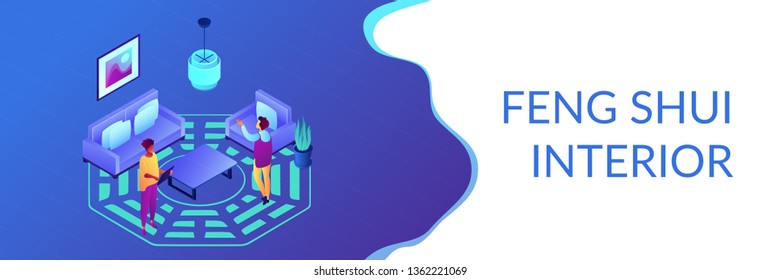 Feng Shui Consultant Rearranges Space For Positive Energy Flow, Tiny People. Feng Shui Interior, Feng Shui Designer, Home Decor Philosophy Concept. Isometric 3D Banner Header Template Copy Space.