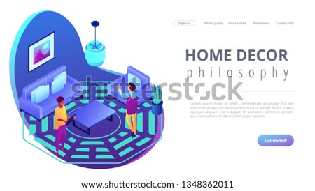 Feng shui consultant rearranges space for positive energy flow, tiny people. Feng shui interior, feng shui designer, home decor philosophy concept. Isometric 3D website app landing web page template