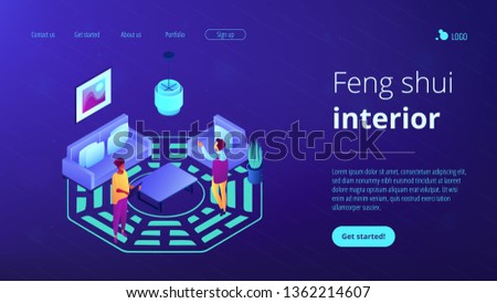 Feng shui consultant rearranges space for positive energy flow, tiny people. Feng shui interior, feng shui designer, home decor philosophy concept. Isometric 3D website app landing web page template