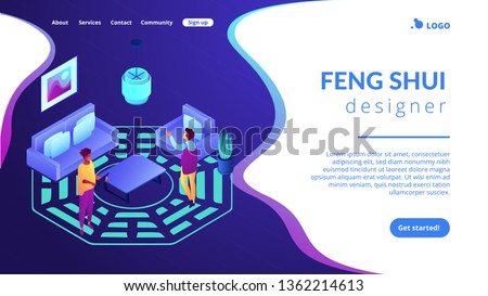 Feng shui consultant rearranges space for positive energy flow, tiny people. Feng shui interior, feng shui designer, home decor philosophy concept. Isometric 3D website app landing web page template