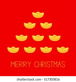 Feng shui Gold Ingot. Golden bar spruce fir tree. Merry Christmas. Flat design. Red background Greeting card. Vector illustration