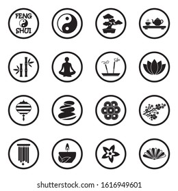 Feng Shui Icons. Black Flat Design In Circle. Vector Illustration.