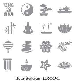 Feng Shui-Symbole. Graues Flachdesign. Vektorgrafik. 