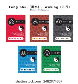 Feng shui icons on colorful card design. Illustration Feng Sui and isolated background. minimal icons and symbols vector flat cards. Chinese icons. Fengshui. Cover. Banner