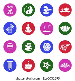 Feng Shui Icons. White Flat Design In Circle. Vector Illustration. 