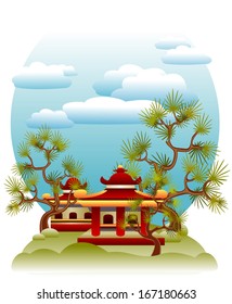 Feng Shui illustration. Tranquil illustration with pagodas, pine-trees and soft clouds in bright blue sky. Vector with linear gradients.