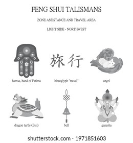 Feng Shui. Mascots of the Assistant and Travel Zone. Amulets to strengthen the northwest sector of the apartment. A set of Feng Shui symbols. Translation hieroglyph: "Journey".