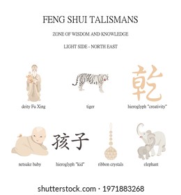 Feng Shui. Mascots Of The Zone Of Children And Creativity. Amulets For Strengthening The Western Sector Of The Apartment. A Set Of Feng Shui Symbols. Translation Of The Hieroglyph: 