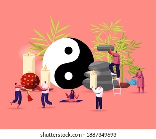 Feng Shui Oriental Philosophy Concept. Characters Decorate Home with Stones, Candles and Plants for Positive Energy Flow, Tiny People Decorating Interior Space, Consultant. Cartoon Vector Illustration