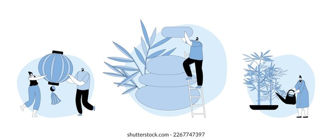 Feng Shui Oriental Philosophy Concept. Characters Decorate Home with Stones, Lantern and Plants for Positive Energy Flow, Tiny People Decorating Interior Space, Consultant. Cartoon Vector Illustration