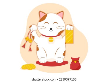 Feng Shui Oriental Philosophy with Cute Cat and Plants for Positive Energy of Five elements in Flat Cartoon Hand Drawn Templates Illustration