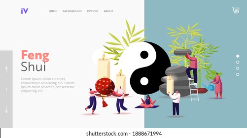 Feng Shui Oriental Philosophy Landing Page Template. Characters Decorate Home with Stones, Candles and Plants for Positive Energy Flow, Tiny People Decorating Interior. Cartoon Vector Illustration