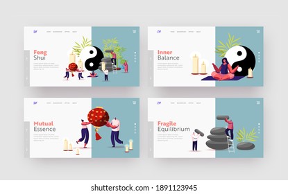 Feng Shui Oriental Philosophy Landing Page Template Set. Characters Decorate Home with Stones, Candles and Plants for Positive Energy Flow, Tiny People Decorating Interior. Cartoon Vector Illustration