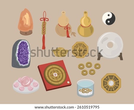 Feng Shui Oriental Philosophy set. Feng Shui, Chinese compass, Bagua,  gourd, Jade, Salt Lamps, Amethyst Geode, and Rose Quartz.