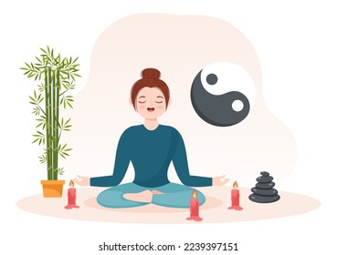 Feng Shui Oriental Philosophy with Stones, People and Plants for Positive Energy of Five elements in Flat Cartoon Hand Drawn Templates Illustration