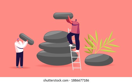Feng Shui Oriental Philosophy, Tradition or Culture Concept, Life Harmony. Tiny Male Characters Assemble Huge Oval Stones in Pile Stand on Ladder with Bamboo Plant. Cartoon People Vector Illustration