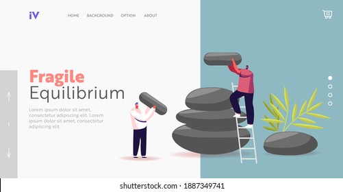 Feng Shui Oriental Philosophy, Tradition or Culture Landing Page Template. Life Harmony. Tiny Male Characters Assemble Huge Stones in Pile Stand on Ladder and Plant. Cartoon People Vector Illustration